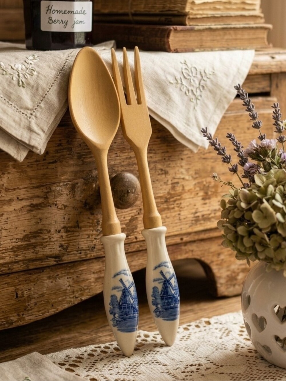 Vintage Delft Blue Style Decorative Fork & Spoon – Porcelain HandleS